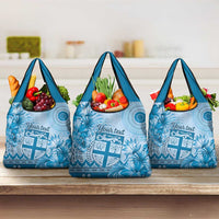 Vintage Bula Fiji Personalised Grocery Bag Blue Hibiscus Tapa Pattern LT9