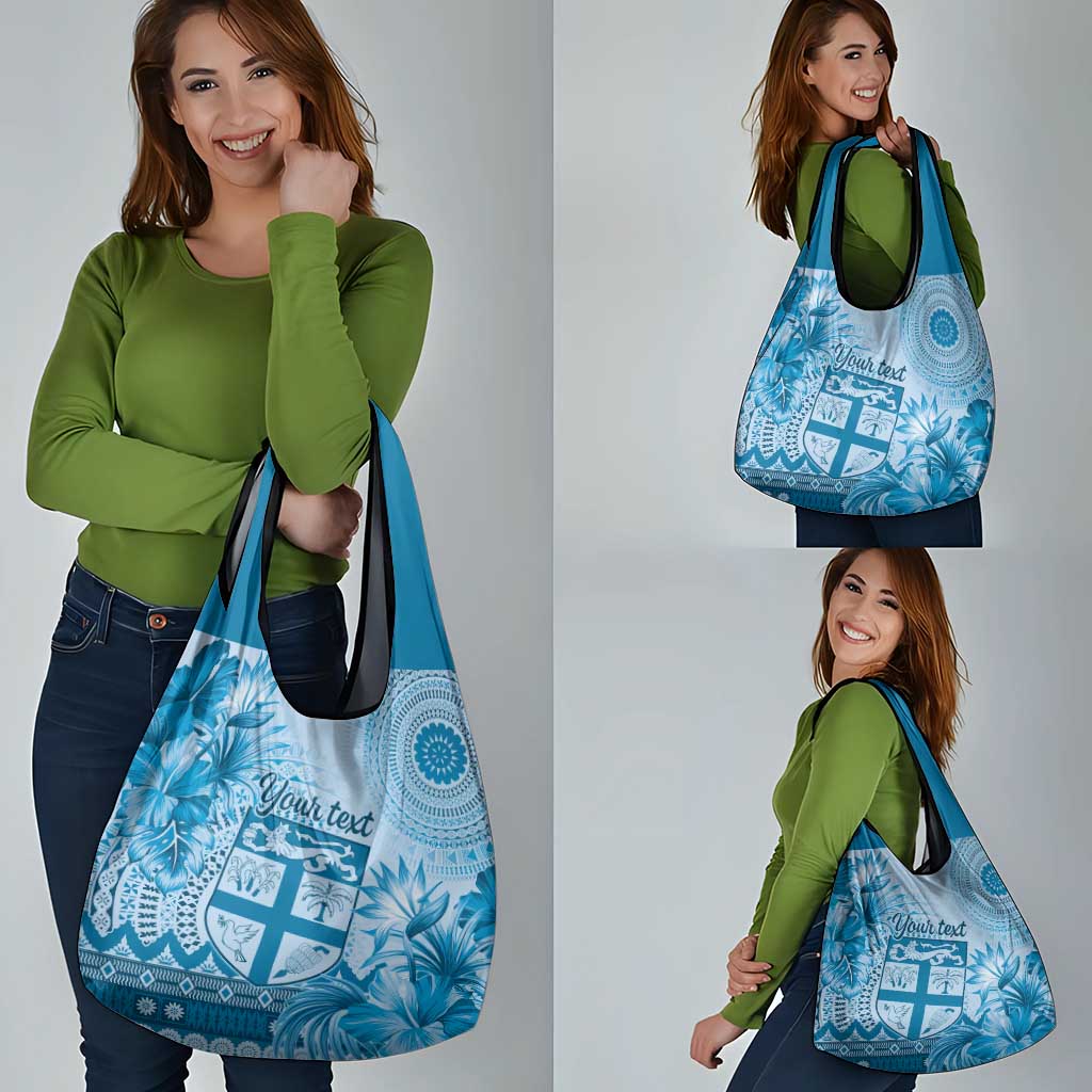 Vintage Bula Fiji Personalised Grocery Bag Blue Hibiscus Tapa Pattern LT9
