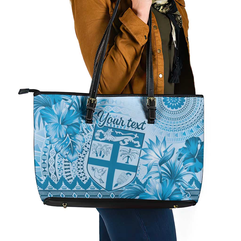 Vintage Bula Fiji Personalised Leather Tote Bag Blue Hibiscus Tapa Pattern LT9