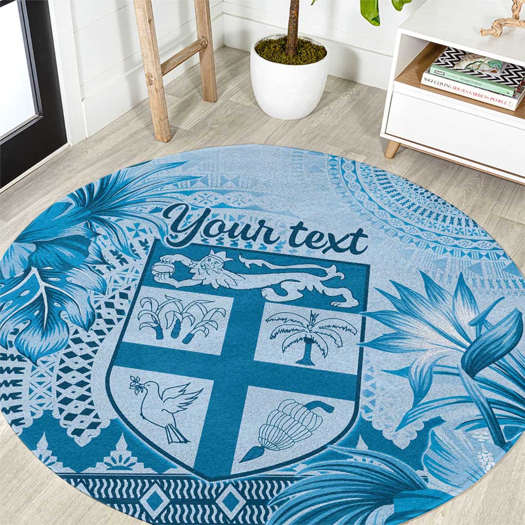 Vintage Bula Fiji Personalised Round Carpet Blue Hibiscus Tapa Pattern LT9