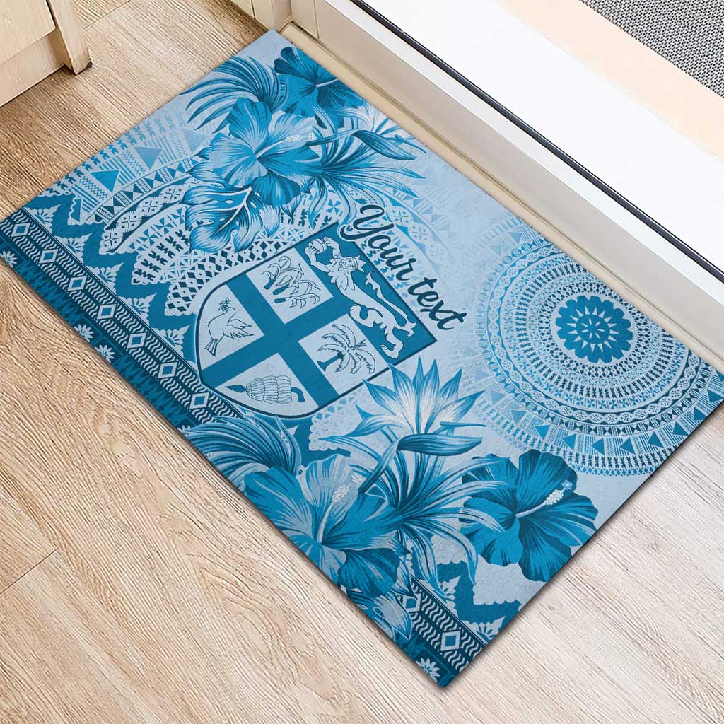 Vintage Bula Fiji Personalised Rubber Doormat Blue Hibiscus Tapa Pattern LT9