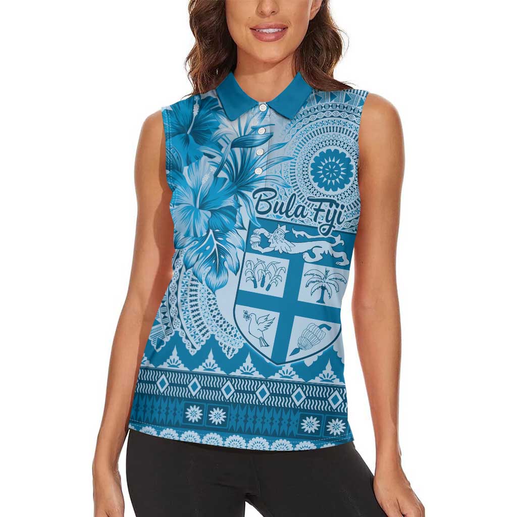 Vintage Bula Fiji Personalised Women Sleeveless Polo Shirt Blue Hibiscus Tapa Pattern