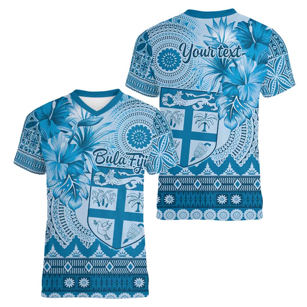 Vintage Bula Fiji Personalised Women V-Neck T-Shirt Blue Hibiscus Tapa Pattern
