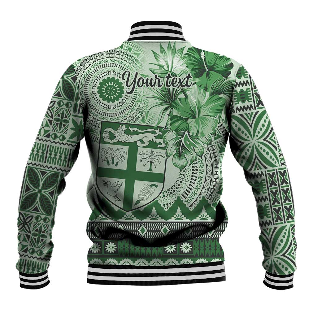 Vintage Bula Fiji Personalised Baseball Jacket Green Hibiscus Tapa Pattern