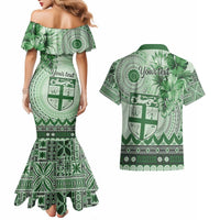 Vintage Bula Fiji Personalised Couples Matching Mermaid Dress and Hawaiian Shirt Green Hibiscus Tapa Pattern