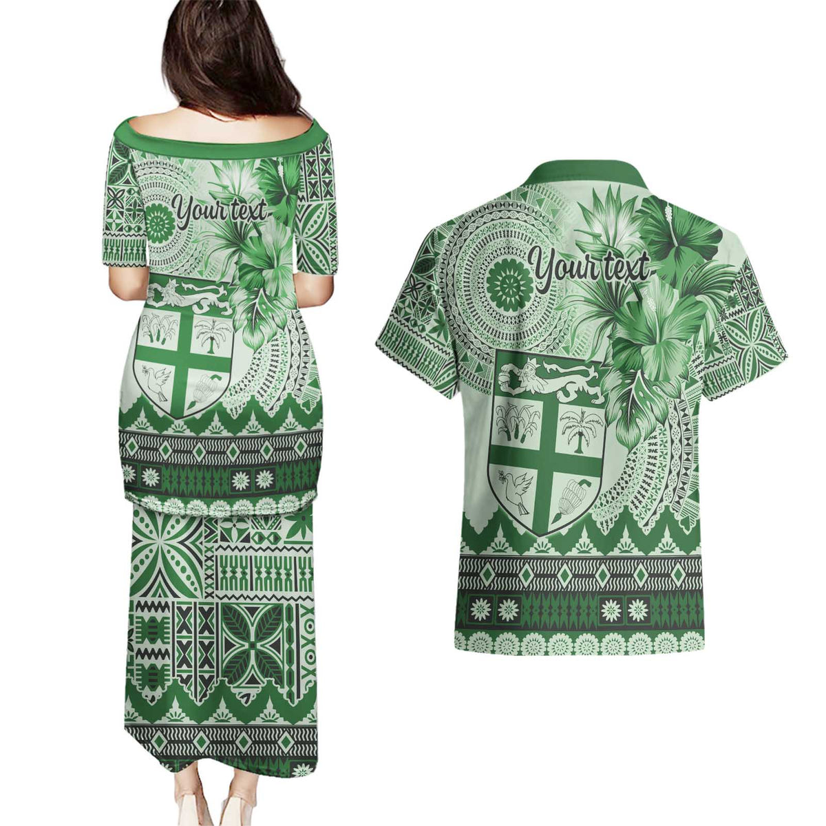 Vintage Bula Fiji Personalised Couples Matching Puletasi and Hawaiian Shirt Green Hibiscus Tapa Pattern