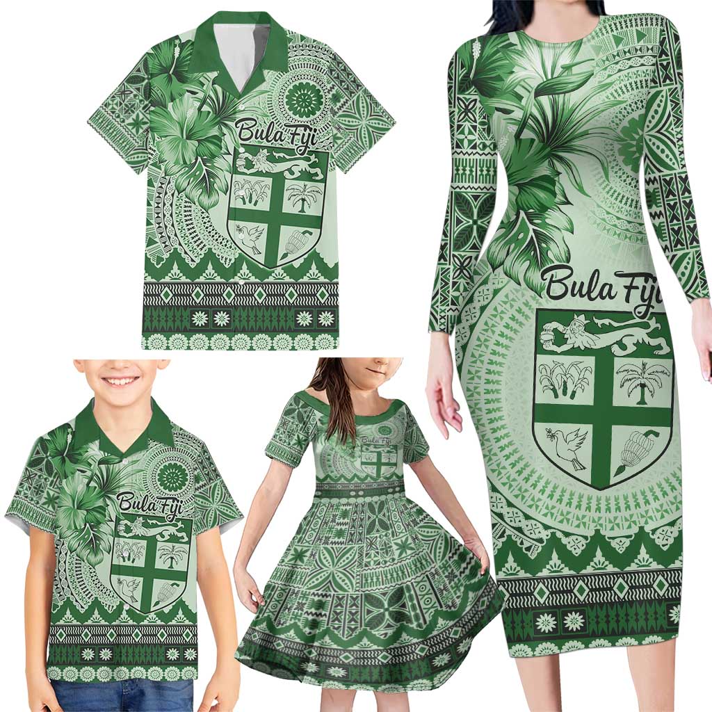 Vintage Bula Fiji Personalised Family Matching Long Sleeve Bodycon Dress and Hawaiian Shirt Green Hibiscus Tapa Pattern LT9 - Polynesian Pride