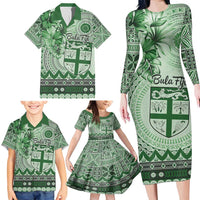 Vintage Bula Fiji Personalised Family Matching Long Sleeve Bodycon Dress and Hawaiian Shirt Green Hibiscus Tapa Pattern LT9 - Polynesian Pride