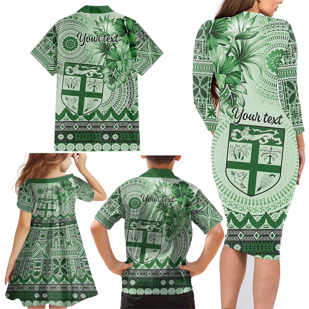 Vintage Bula Fiji Personalised Family Matching Long Sleeve Bodycon Dress and Hawaiian Shirt Green Hibiscus Tapa Pattern LT9 - Polynesian Pride