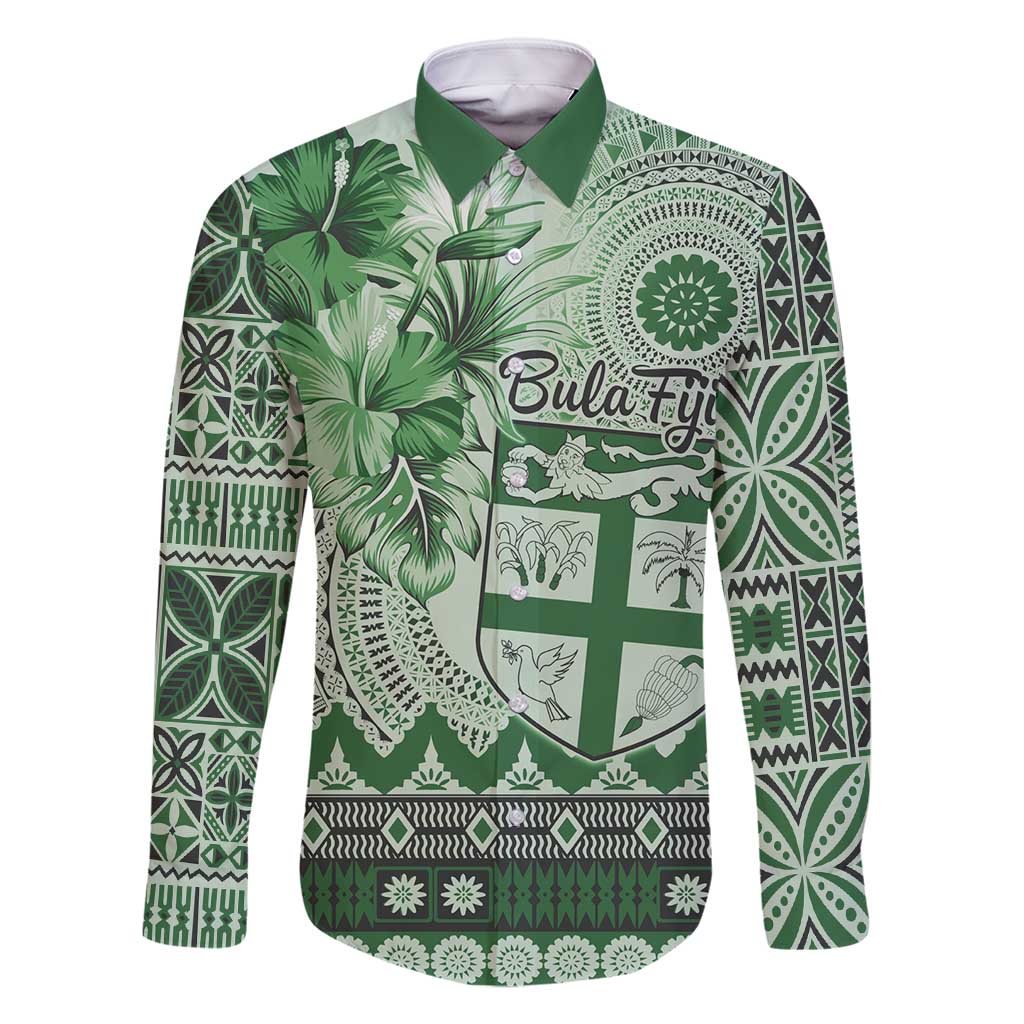 Vintage Bula Fiji Personalised Family Matching Long Sleeve Bodycon Dress and Hawaiian Shirt Green Hibiscus Tapa Pattern LT9 Dad's Shirt - Long Sleeve Green - Polynesian Pride