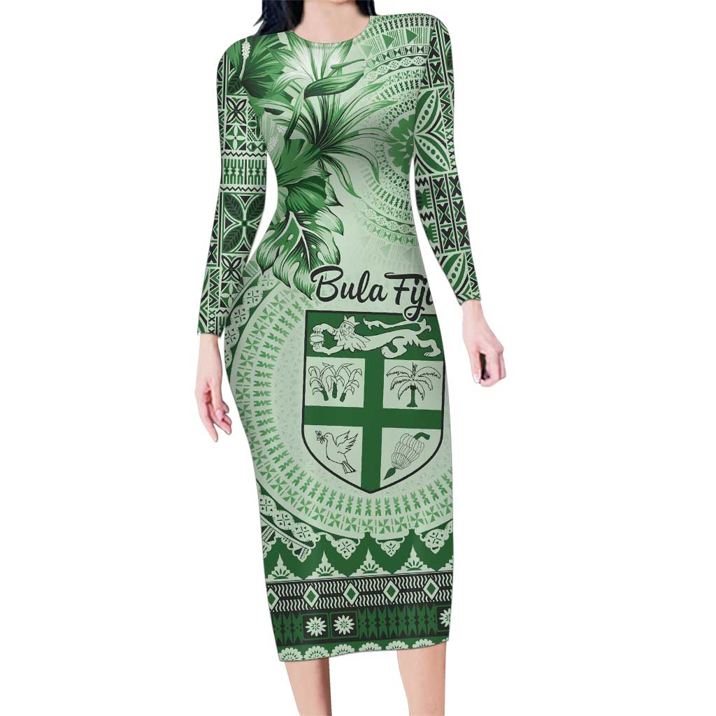 Vintage Bula Fiji Personalised Family Matching Long Sleeve Bodycon Dress and Hawaiian Shirt Green Hibiscus Tapa Pattern LT9 Mom's Dress Green - Polynesian Pride