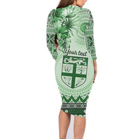 Vintage Bula Fiji Personalised Family Matching Long Sleeve Bodycon Dress and Hawaiian Shirt Green Hibiscus Tapa Pattern LT9 - Polynesian Pride