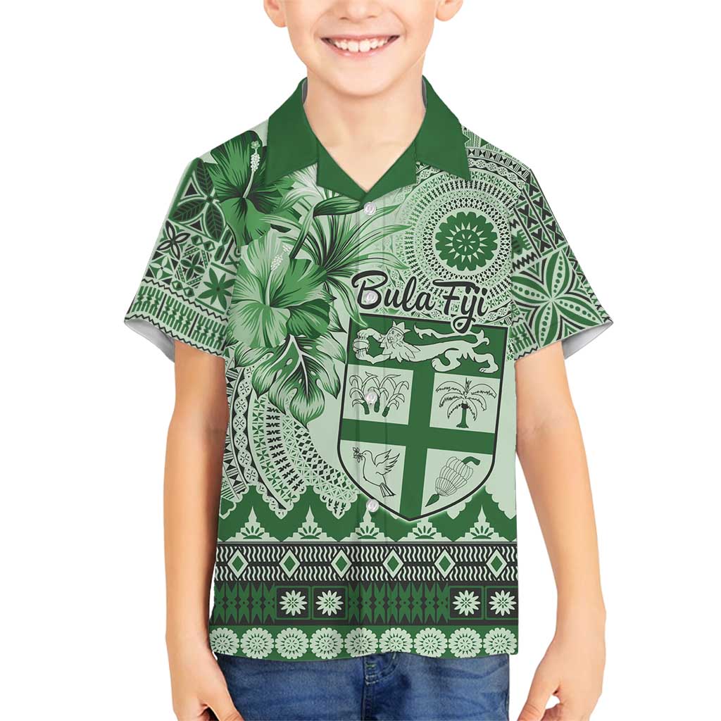Vintage Bula Fiji Personalised Family Matching Long Sleeve Bodycon Dress and Hawaiian Shirt Green Hibiscus Tapa Pattern LT9 Son's Shirt Green - Polynesian Pride