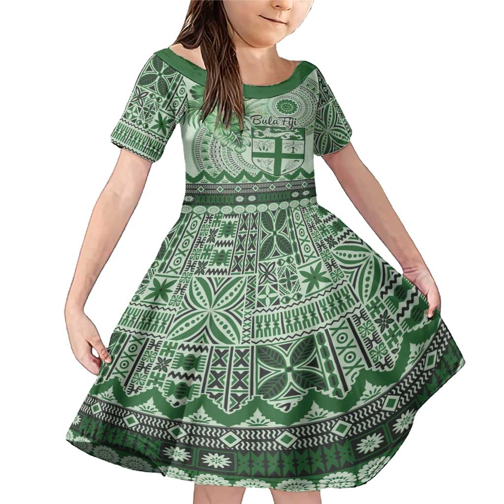Vintage Bula Fiji Personalised Family Matching Mermaid Dress and Hawaiian Shirt Green Hibiscus Tapa Pattern LT9 Daughter's Dress Green - Polynesian Pride