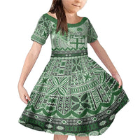 Vintage Bula Fiji Personalised Family Matching Mermaid Dress and Hawaiian Shirt Green Hibiscus Tapa Pattern LT9 Daughter's Dress Green - Polynesian Pride
