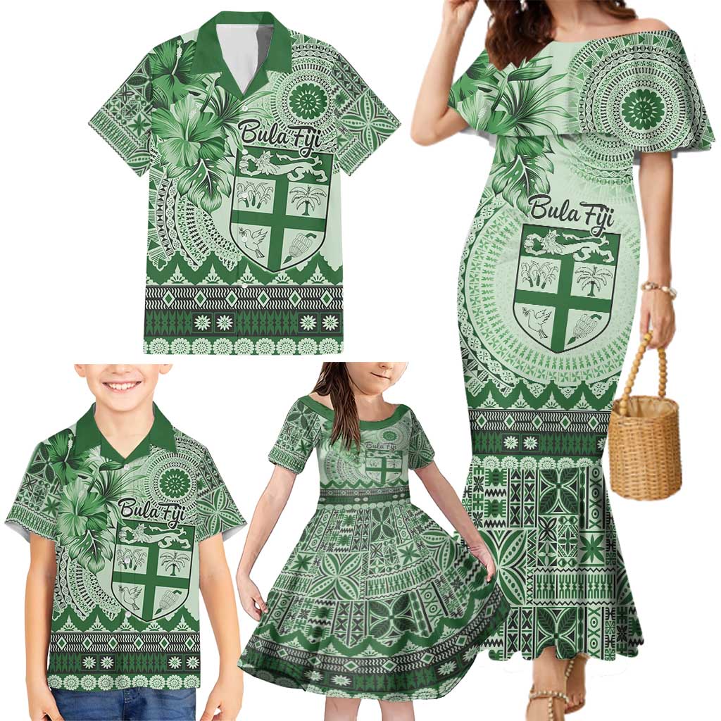 Vintage Bula Fiji Personalised Family Matching Mermaid Dress and Hawaiian Shirt Green Hibiscus Tapa Pattern LT9 - Polynesian Pride