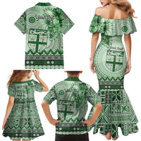 Vintage Bula Fiji Personalised Family Matching Mermaid Dress and Hawaiian Shirt Green Hibiscus Tapa Pattern LT9 - Polynesian Pride