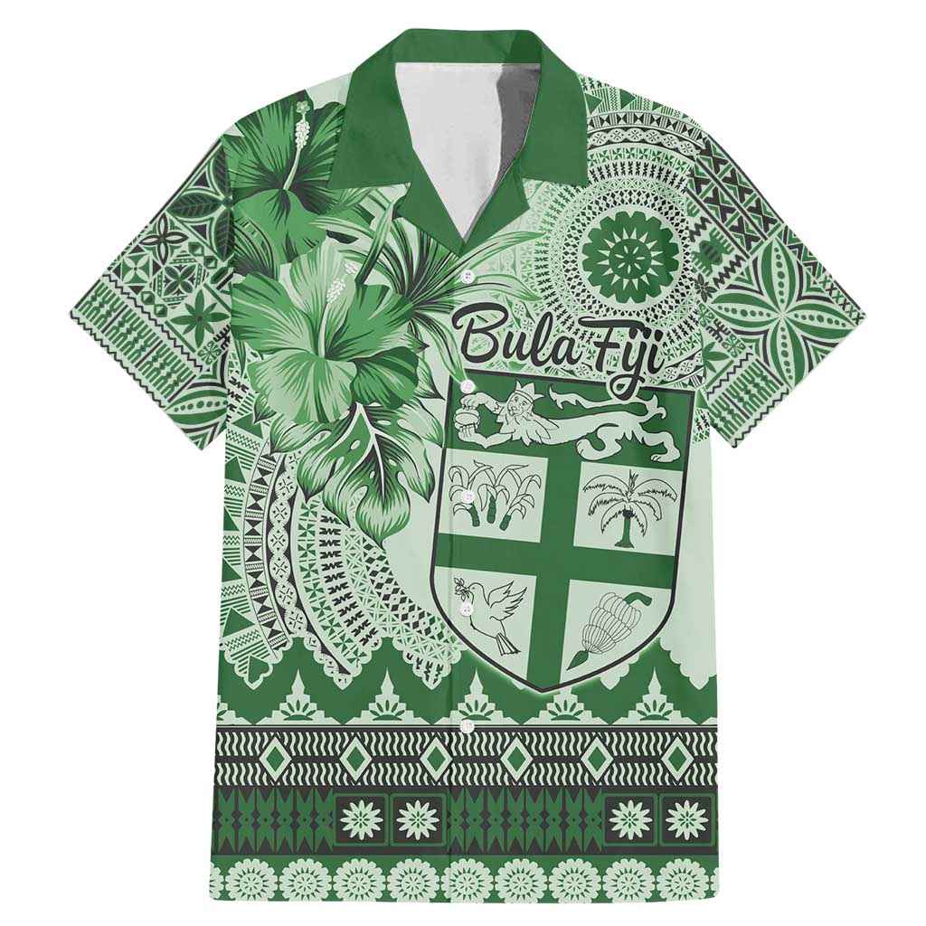 Vintage Bula Fiji Personalised Family Matching Mermaid Dress and Hawaiian Shirt Green Hibiscus Tapa Pattern LT9 Dad's Shirt - Short Sleeve Green - Polynesian Pride