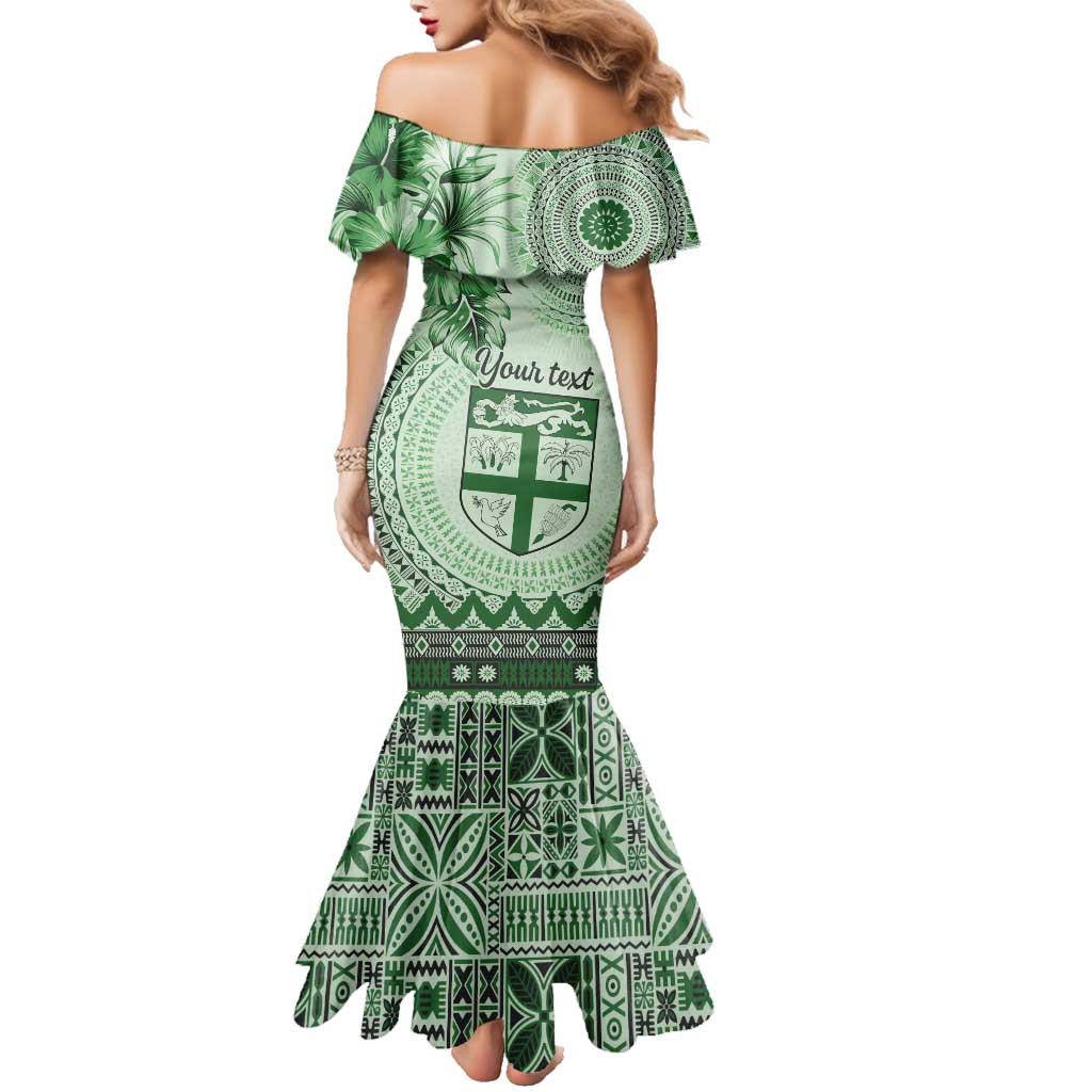 Vintage Bula Fiji Personalised Family Matching Mermaid Dress and Hawaiian Shirt Green Hibiscus Tapa Pattern LT9 - Polynesian Pride