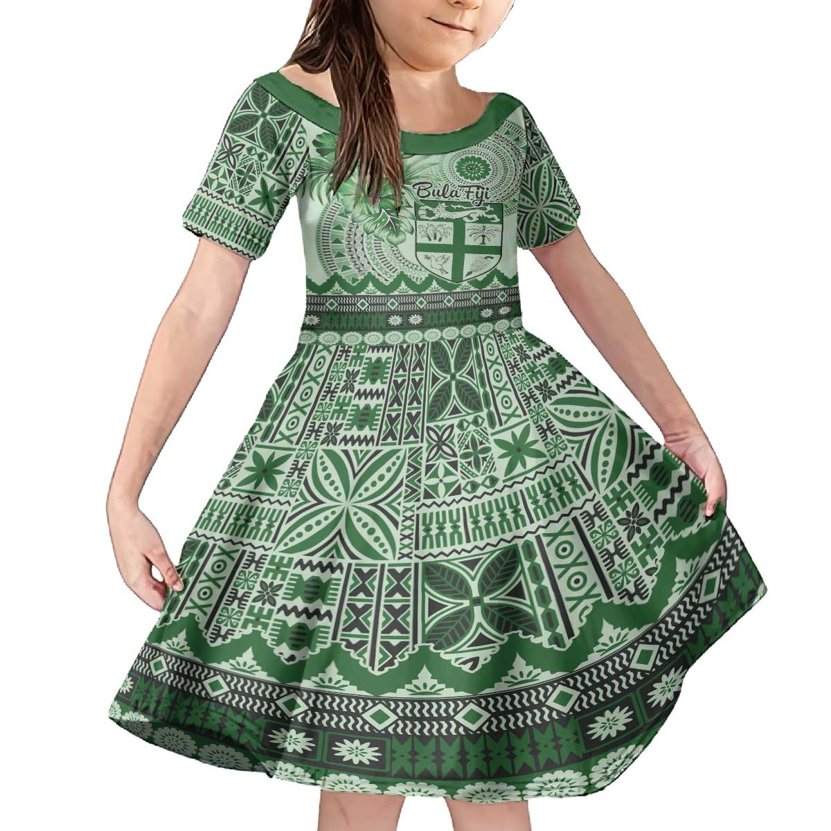 Vintage Bula Fiji Personalised Family Matching Off The Shoulder Long Sleeve Dress and Hawaiian Shirt Green Hibiscus Tapa Pattern LT9 Daughter's Dress Green - Polynesian Pride