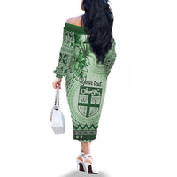 Vintage Bula Fiji Personalised Family Matching Off The Shoulder Long Sleeve Dress and Hawaiian Shirt Green Hibiscus Tapa Pattern LT9 - Polynesian Pride