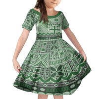 Vintage Bula Fiji Personalised Family Matching Off Shoulder Maxi Dress and Hawaiian Shirt Green Hibiscus Tapa Pattern LT9 Daughter's Dress Green - Polynesian Pride