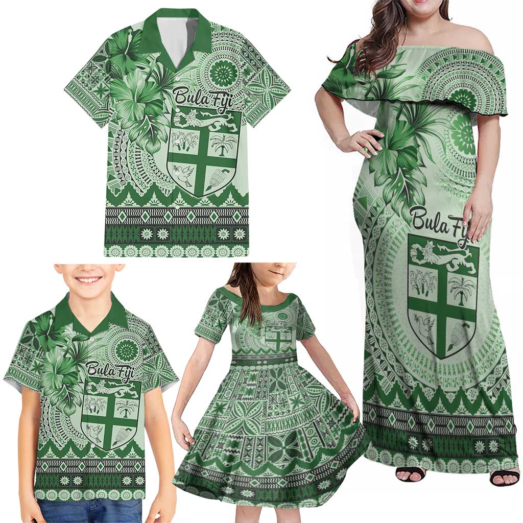 Vintage Bula Fiji Personalised Family Matching Off Shoulder Maxi Dress and Hawaiian Shirt Green Hibiscus Tapa Pattern LT9 - Polynesian Pride