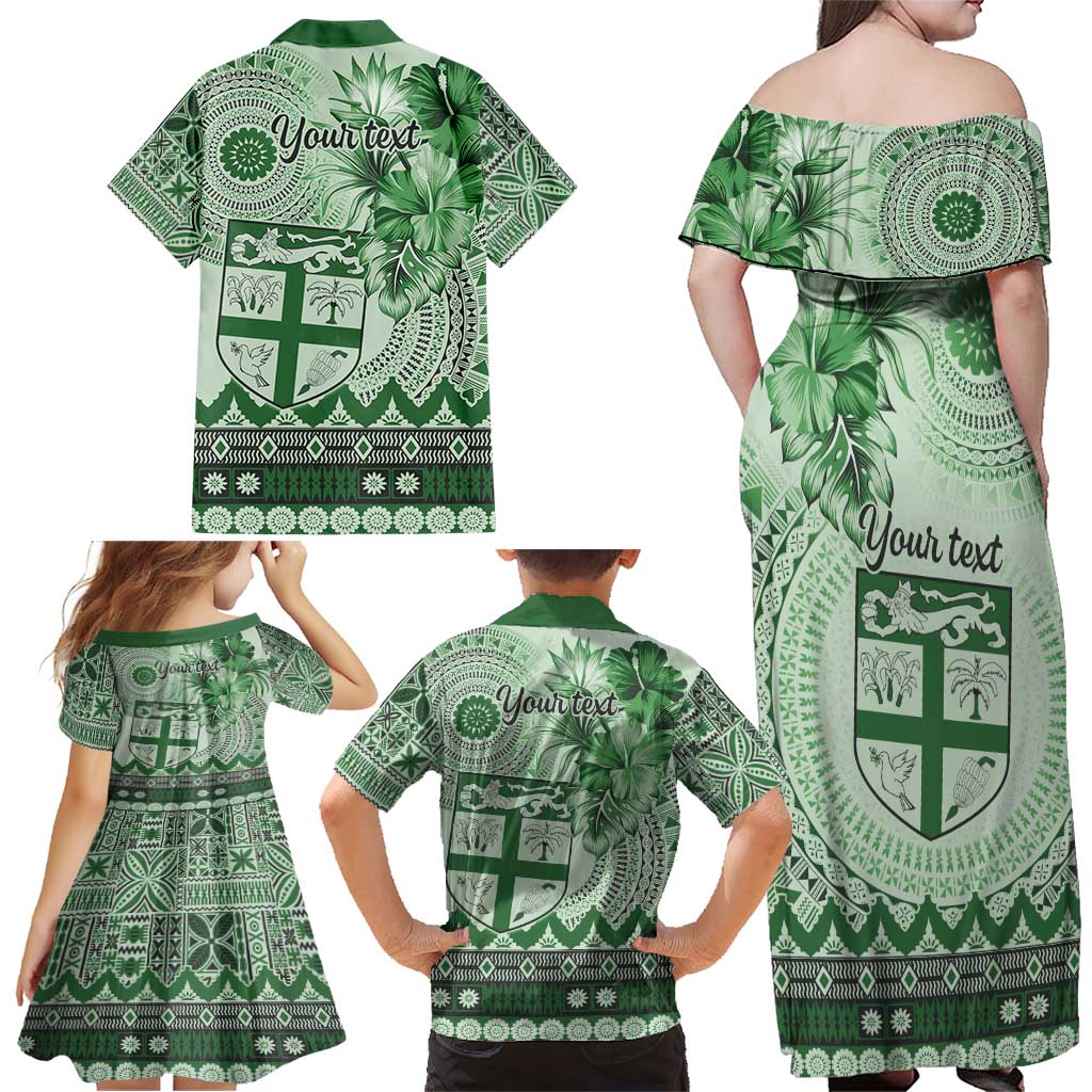 Vintage Bula Fiji Personalised Family Matching Off Shoulder Maxi Dress and Hawaiian Shirt Green Hibiscus Tapa Pattern LT9 - Polynesian Pride