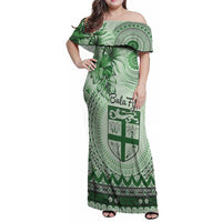 Vintage Bula Fiji Personalised Family Matching Off Shoulder Maxi Dress and Hawaiian Shirt Green Hibiscus Tapa Pattern LT9 Mom's Dress Green - Polynesian Pride