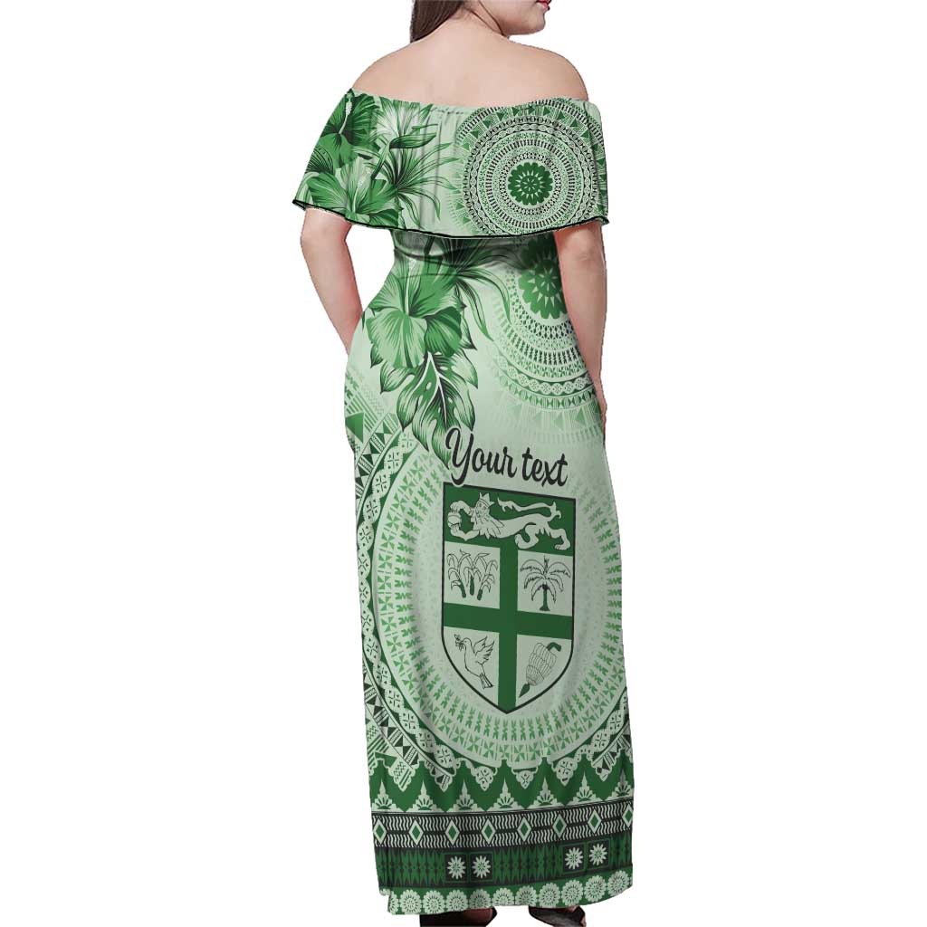 Vintage Bula Fiji Personalised Family Matching Off Shoulder Maxi Dress and Hawaiian Shirt Green Hibiscus Tapa Pattern LT9 - Polynesian Pride