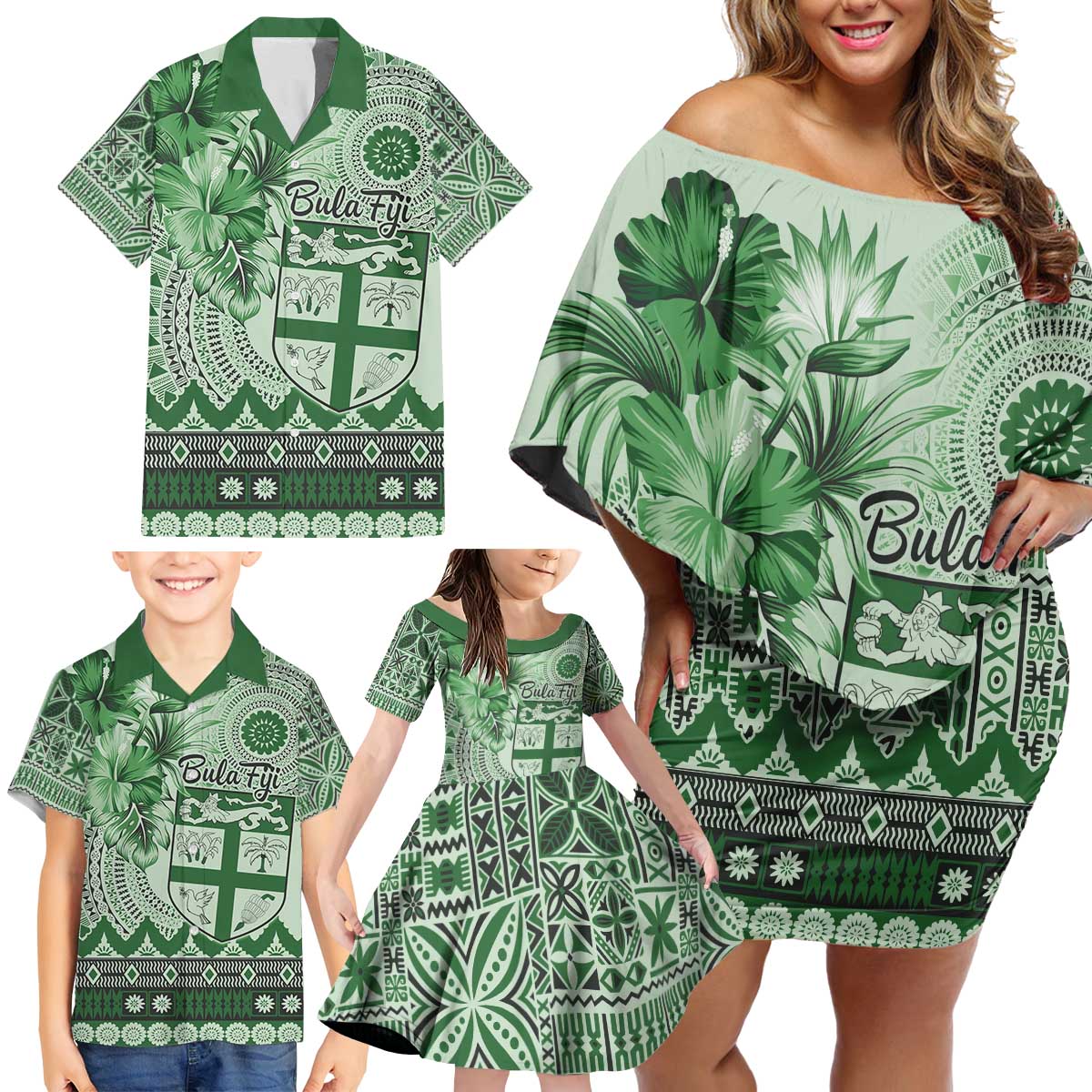 Vintage Bula Fiji Personalised Family Matching Off Shoulder Short Dress and Hawaiian Shirt Green Hibiscus Tapa Pattern LT9 - Polynesian Pride