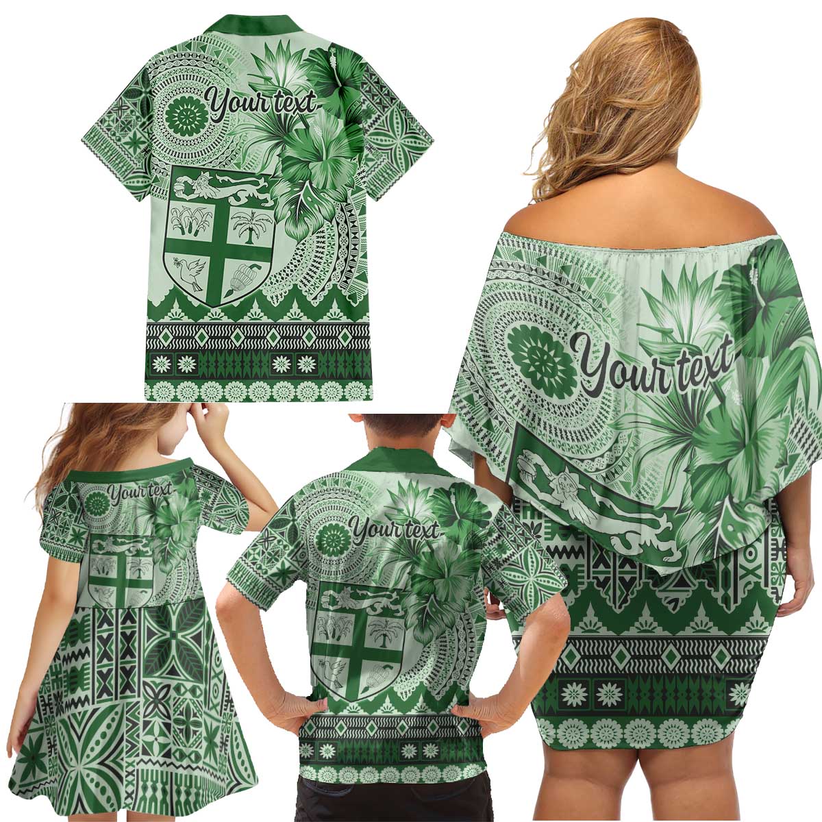 Vintage Bula Fiji Personalised Family Matching Off Shoulder Short Dress and Hawaiian Shirt Green Hibiscus Tapa Pattern LT9 - Polynesian Pride