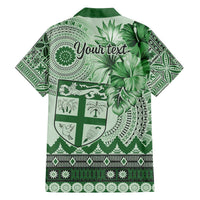 Vintage Bula Fiji Personalised Family Matching Off Shoulder Short Dress and Hawaiian Shirt Green Hibiscus Tapa Pattern LT9 - Polynesian Pride