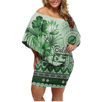 Vintage Bula Fiji Personalised Family Matching Off Shoulder Short Dress and Hawaiian Shirt Green Hibiscus Tapa Pattern LT9 Mom's Dress Green - Polynesian Pride