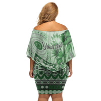 Vintage Bula Fiji Personalised Family Matching Off Shoulder Short Dress and Hawaiian Shirt Green Hibiscus Tapa Pattern LT9 - Polynesian Pride