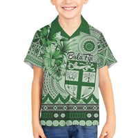 Vintage Bula Fiji Personalised Family Matching Off Shoulder Short Dress and Hawaiian Shirt Green Hibiscus Tapa Pattern LT9 Son's Shirt Green - Polynesian Pride