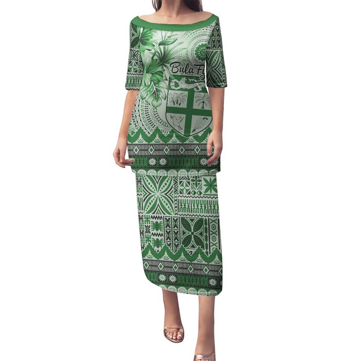 Vintage Bula Fiji Personalised Family Matching Puletasi and Hawaiian Shirt Green Hibiscus Tapa Pattern
