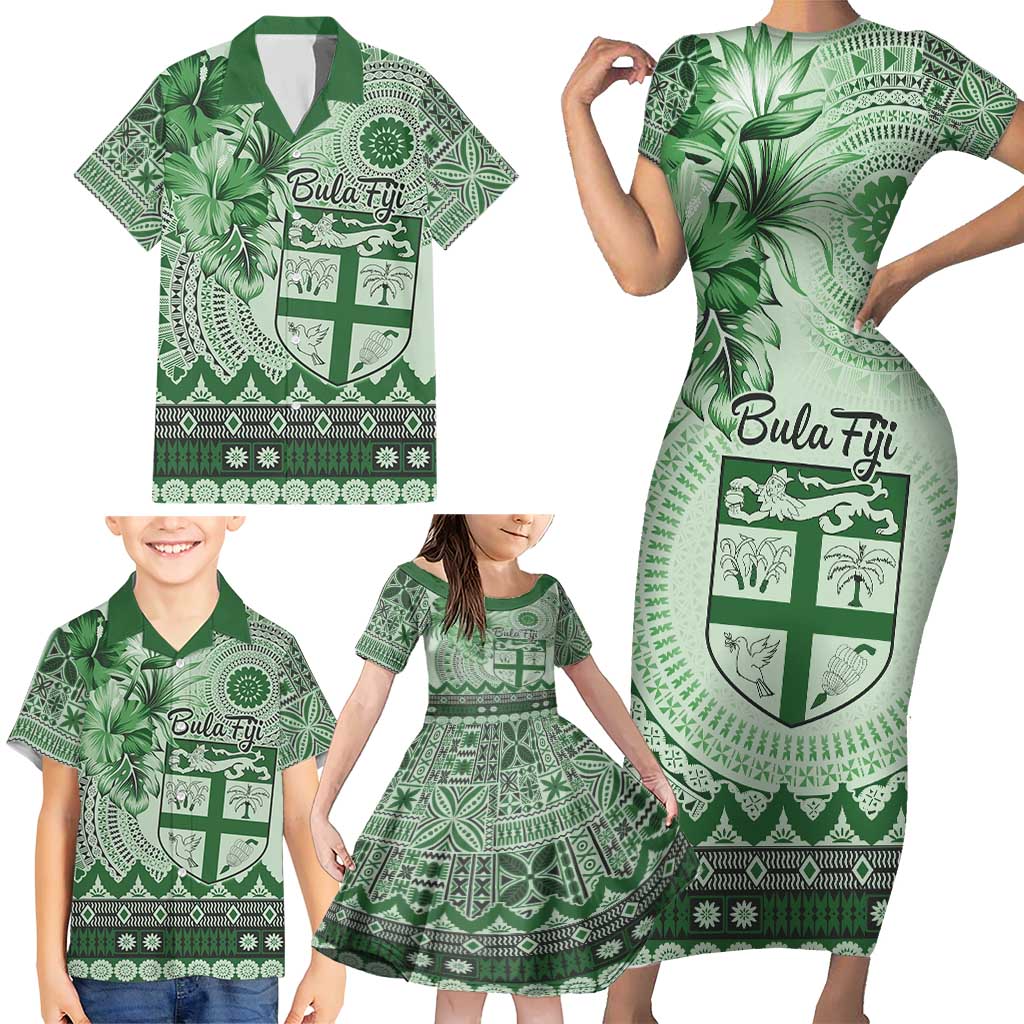 Vintage Bula Fiji Personalised Family Matching Short Sleeve Bodycon Dress and Hawaiian Shirt Green Hibiscus Tapa Pattern LT9 - Polynesian Pride