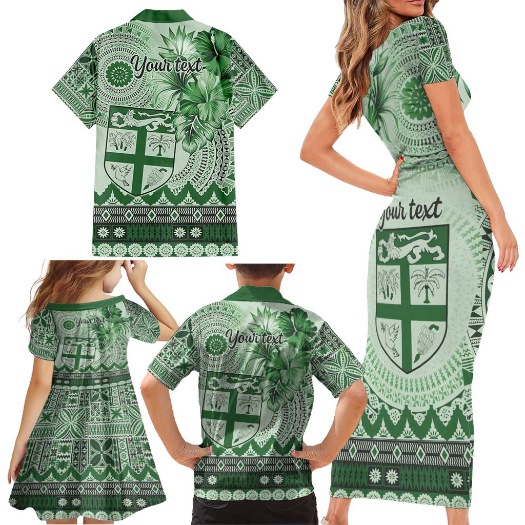 Vintage Bula Fiji Personalised Family Matching Short Sleeve Bodycon Dress and Hawaiian Shirt Green Hibiscus Tapa Pattern LT9 - Polynesian Pride