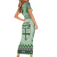 Vintage Bula Fiji Personalised Family Matching Short Sleeve Bodycon Dress and Hawaiian Shirt Green Hibiscus Tapa Pattern LT9 - Polynesian Pride
