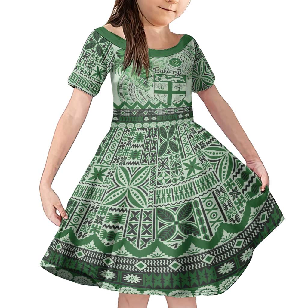 Vintage Bula Fiji Personalised Family Matching Summer Maxi Dress and Hawaiian Shirt Green Hibiscus Tapa Pattern LT9 Daughter's Dress Green - Polynesian Pride