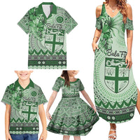 Vintage Bula Fiji Personalised Family Matching Summer Maxi Dress and Hawaiian Shirt Green Hibiscus Tapa Pattern LT9 - Polynesian Pride