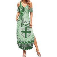 Vintage Bula Fiji Personalised Family Matching Summer Maxi Dress and Hawaiian Shirt Green Hibiscus Tapa Pattern LT9 Mom's Dress Green - Polynesian Pride