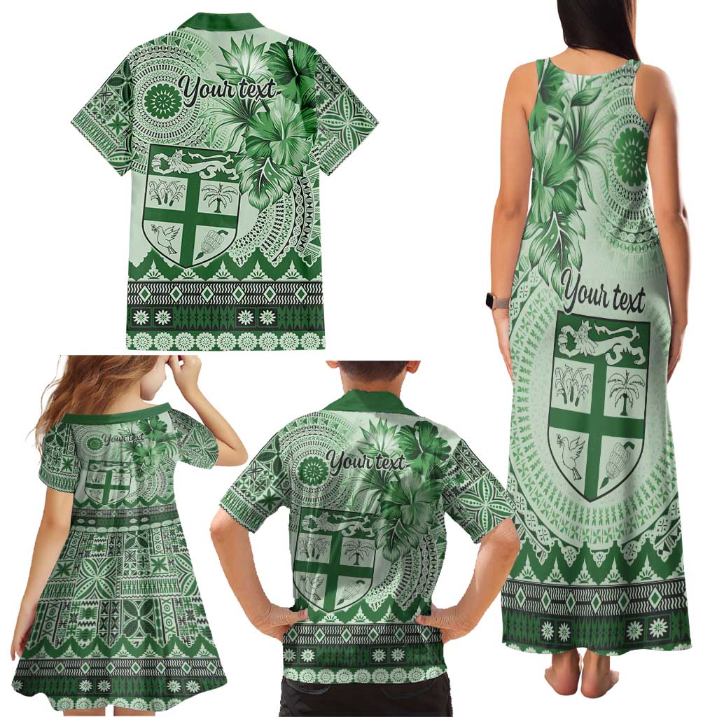 Vintage Bula Fiji Personalised Family Matching Tank Maxi Dress and Hawaiian Shirt Green Hibiscus Tapa Pattern LT9 - Polynesian Pride
