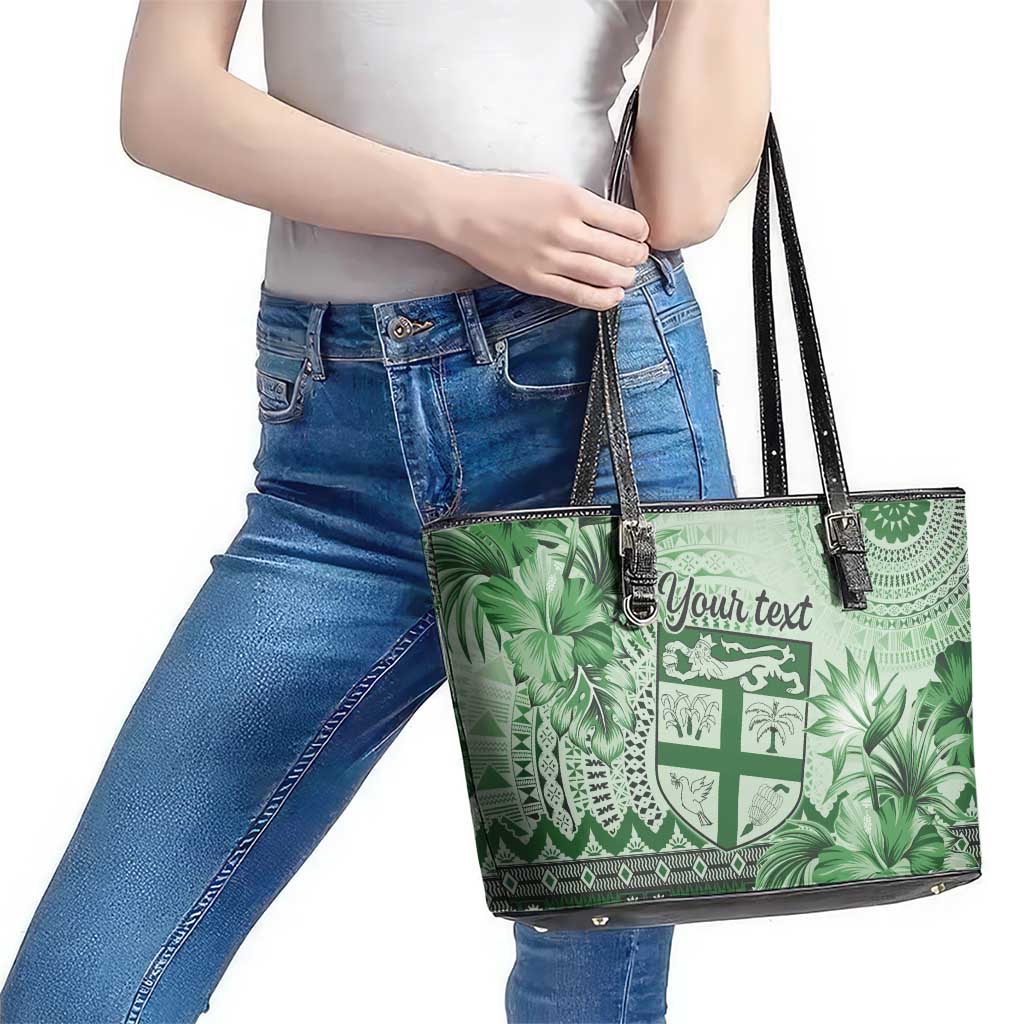 Vintage Bula Fiji Personalised Leather Tote Bag Green Hibiscus Tapa Pattern LT9