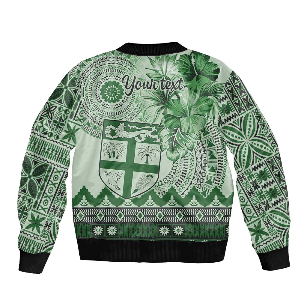 Vintage Bula Fiji Personalised Sleeve Zip Bomber Jacket Green Hibiscus Tapa Pattern