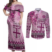 Vintage Bula Fiji Personalised Couples Matching Off Shoulder Maxi Dress and Long Sleeve Button Shirt Pink Hibiscus Tapa Pattern