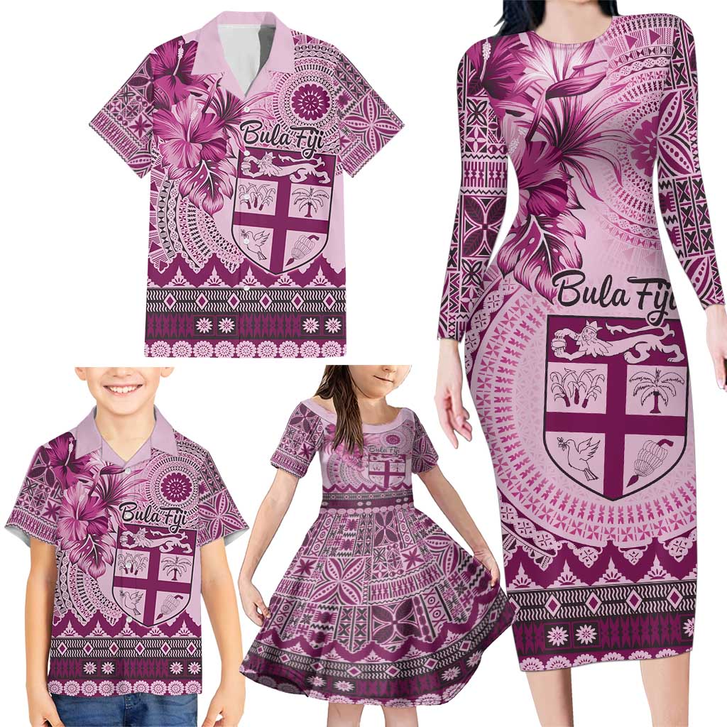 Vintage Bula Fiji Personalised Family Matching Long Sleeve Bodycon Dress and Hawaiian Shirt Pink Hibiscus Tapa Pattern LT9 - Polynesian Pride