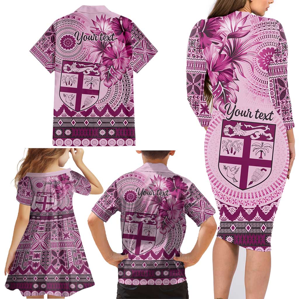 Vintage Bula Fiji Personalised Family Matching Long Sleeve Bodycon Dress and Hawaiian Shirt Pink Hibiscus Tapa Pattern LT9 - Polynesian Pride