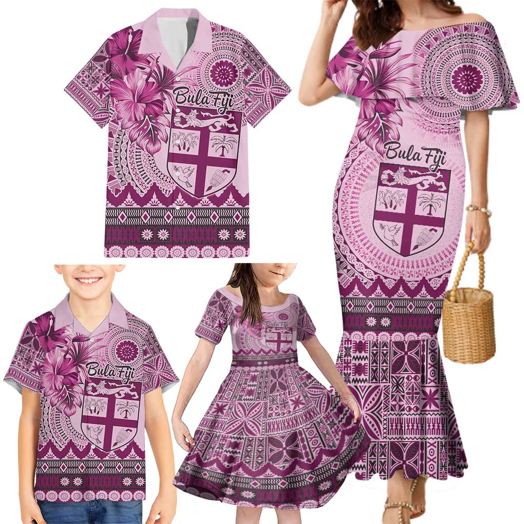 Vintage Bula Fiji Personalised Family Matching Mermaid Dress and Hawaiian Shirt Pink Hibiscus Tapa Pattern LT9 - Polynesian Pride
